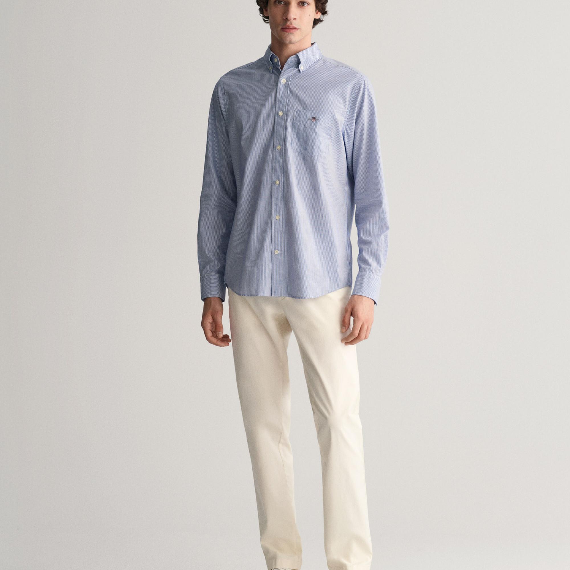 GANT Erkek Mavi Regular Fit Çizgili Düğmeli Yaka Gömlek
