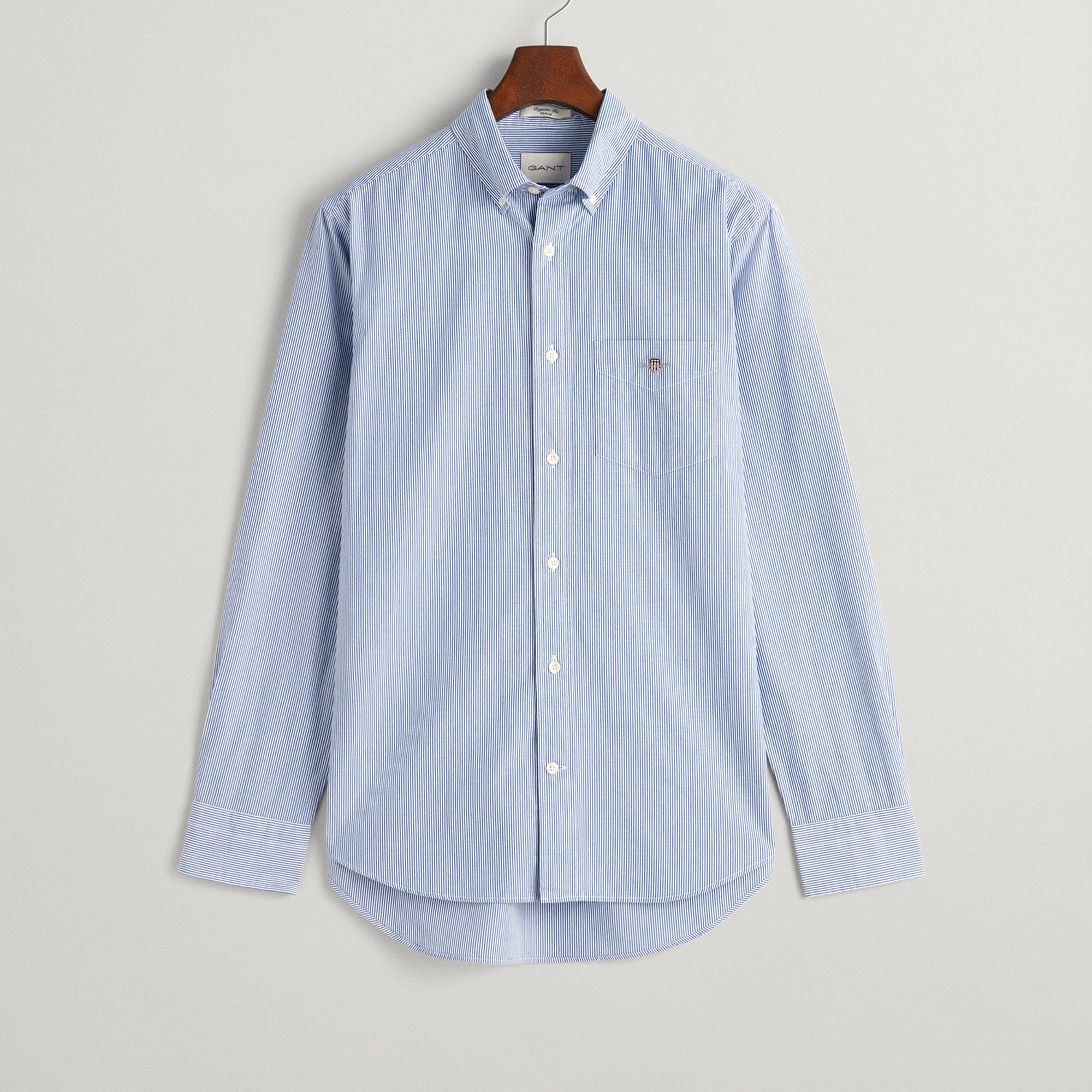 GANT Erkek Mavi Regular Fit Çizgili Düğmeli Yaka Gömlek