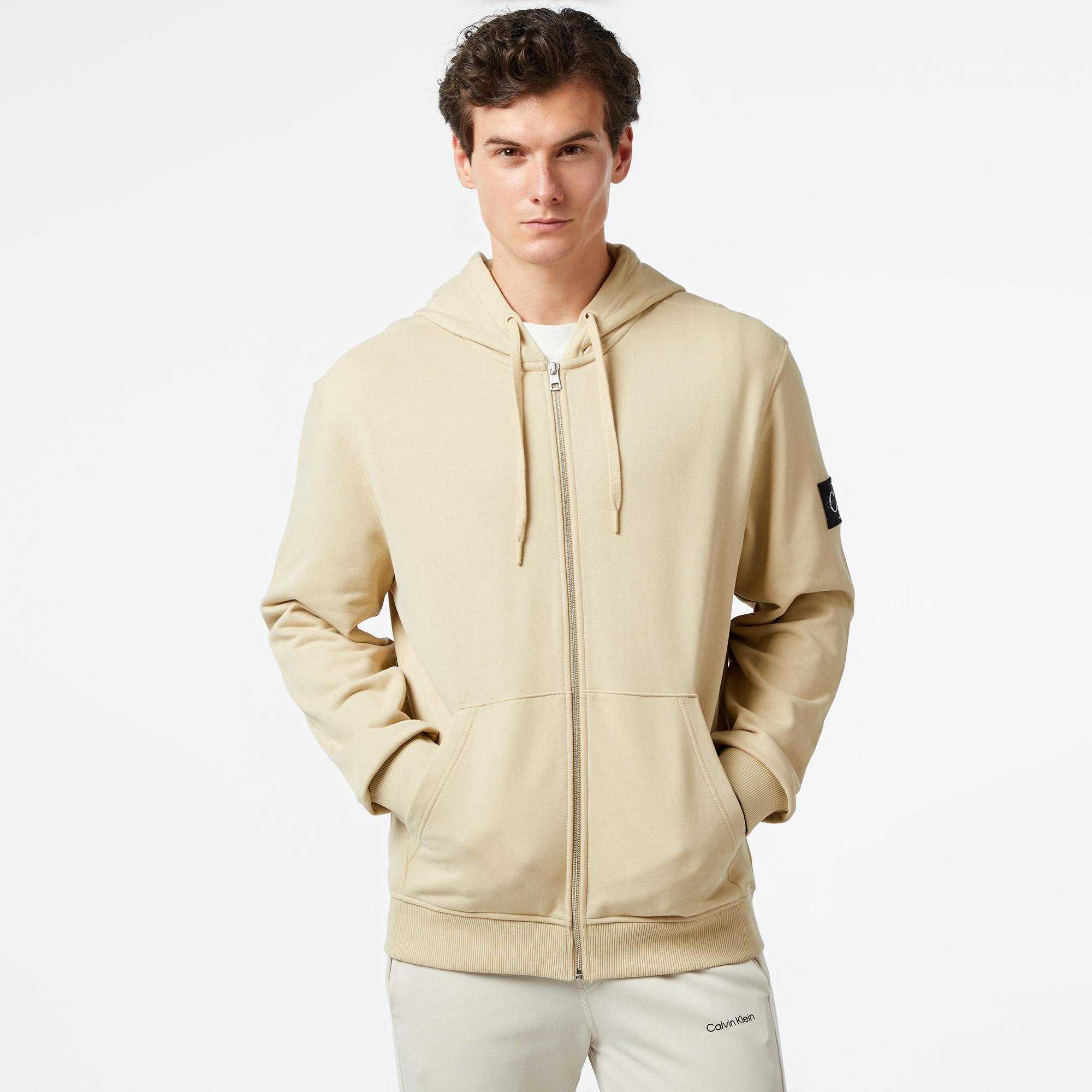 Calvin Klein Jeans Badge Zip Through Erkek Bej Hoodie