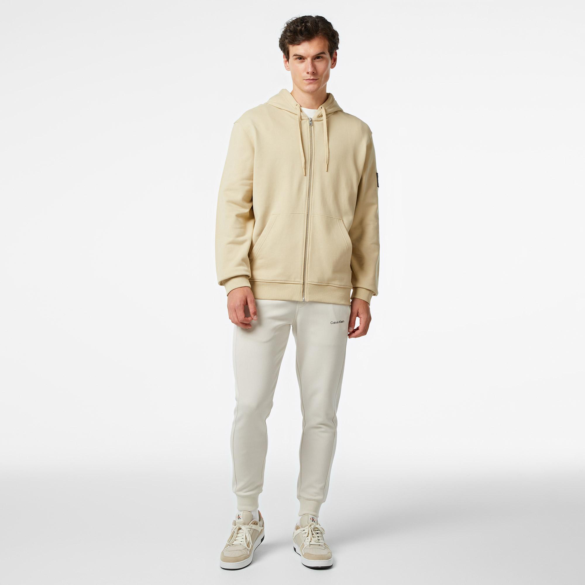 Calvin Klein Jeans Badge Zip Through Erkek Bej Hoodie