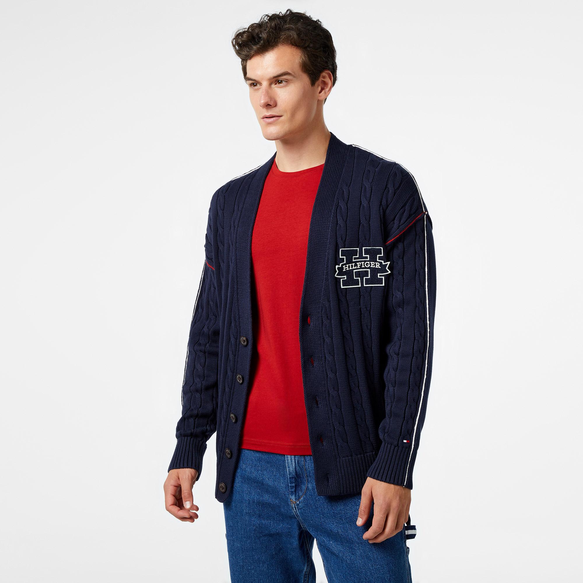 Tommy Hilfiger Contrast Cable Erkek Mavi Hırka