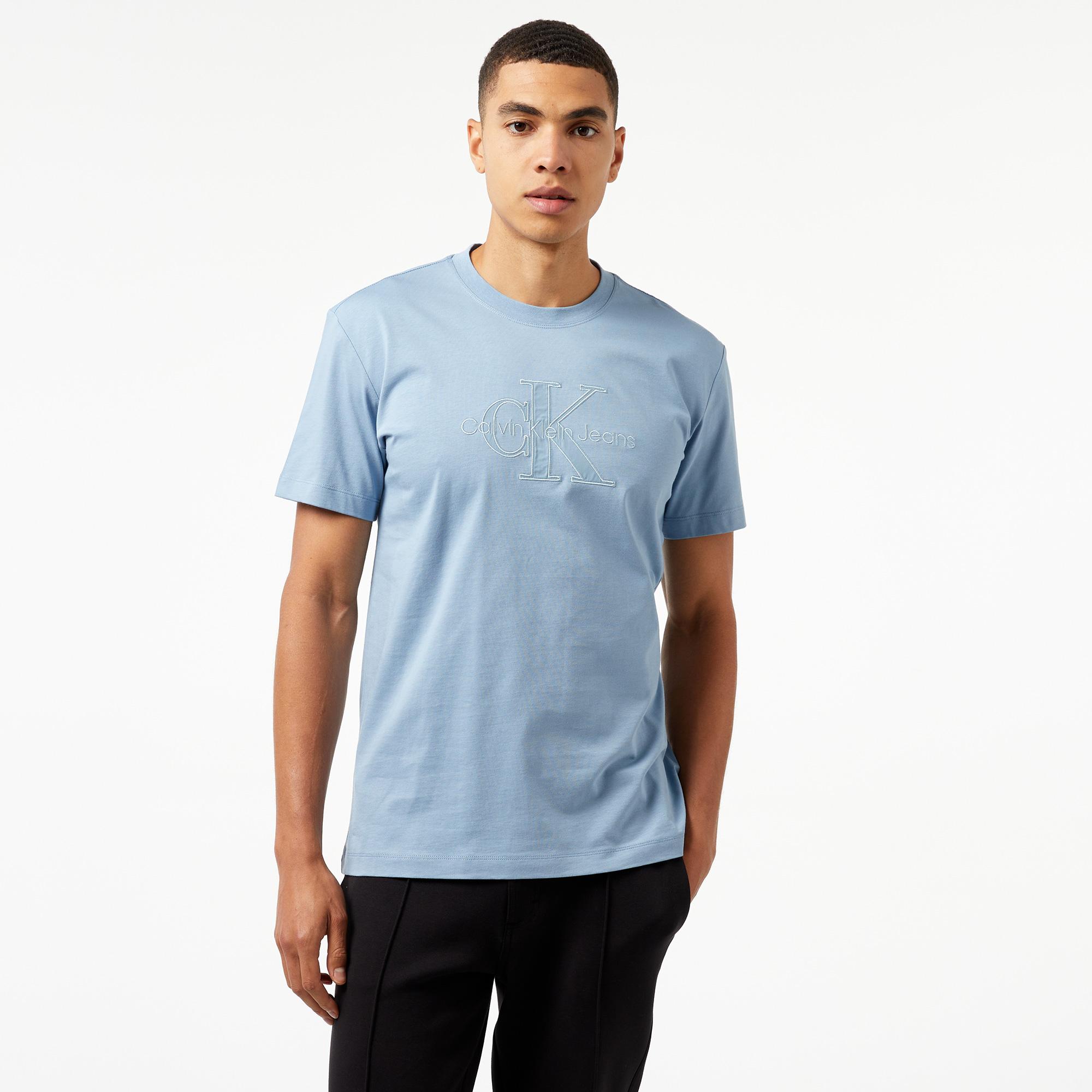 Calvin Klein Jeans Monologo Applique Erkek Mavi T-Shirt
