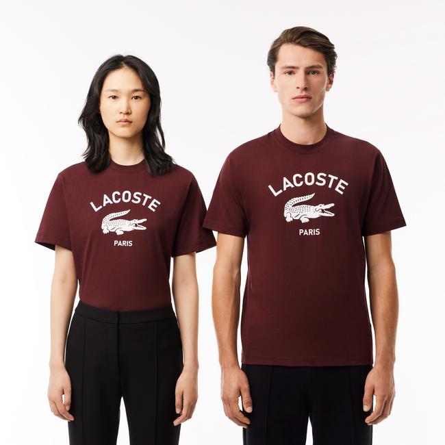  Lacoste Unisex Classic Fit Bisiklet Yaka Baskılı Bordo T-Shirt