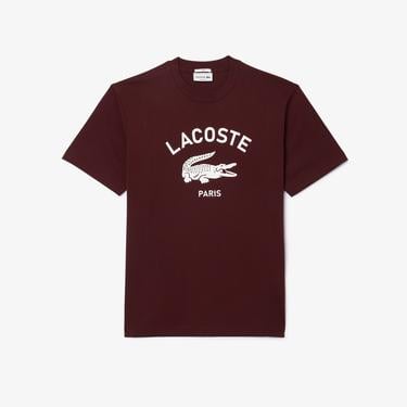  Lacoste Unisex Classic Fit Bisiklet Yaka Baskılı Bordo T-Shirt