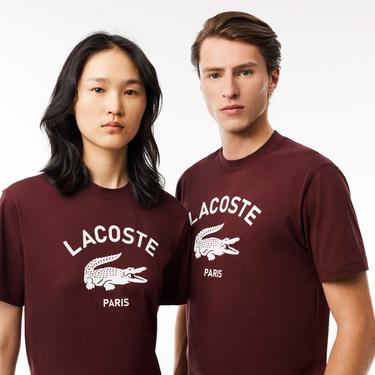  Lacoste Unisex Classic Fit Bisiklet Yaka Baskılı Bordo T-Shirt