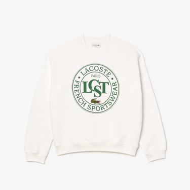  Lacoste Loose Fit Printed Fleece Unisex Krem Sweatshirt