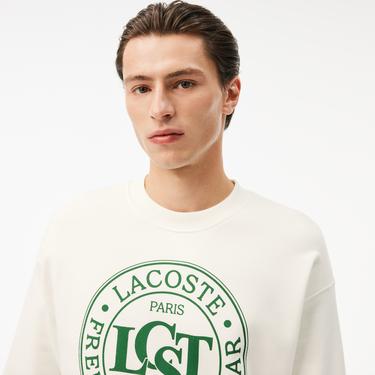  Lacoste Loose Fit Printed Fleece Unisex Krem Sweatshirt