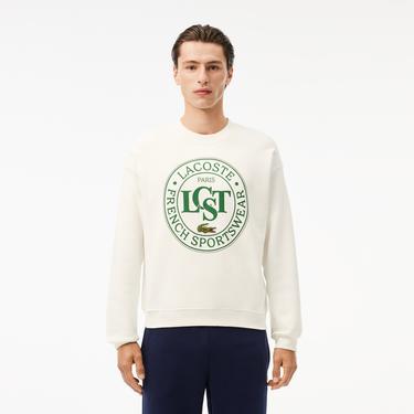  Lacoste Loose Fit Printed Fleece Unisex Krem Sweatshirt