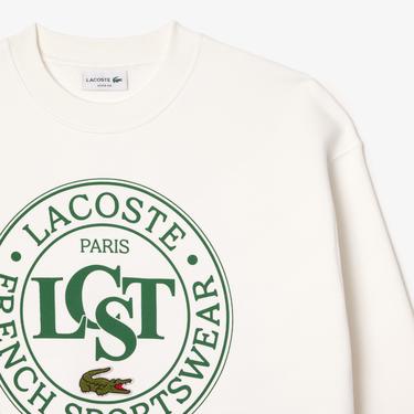  Lacoste Loose Fit Printed Fleece Unisex Krem Sweatshirt