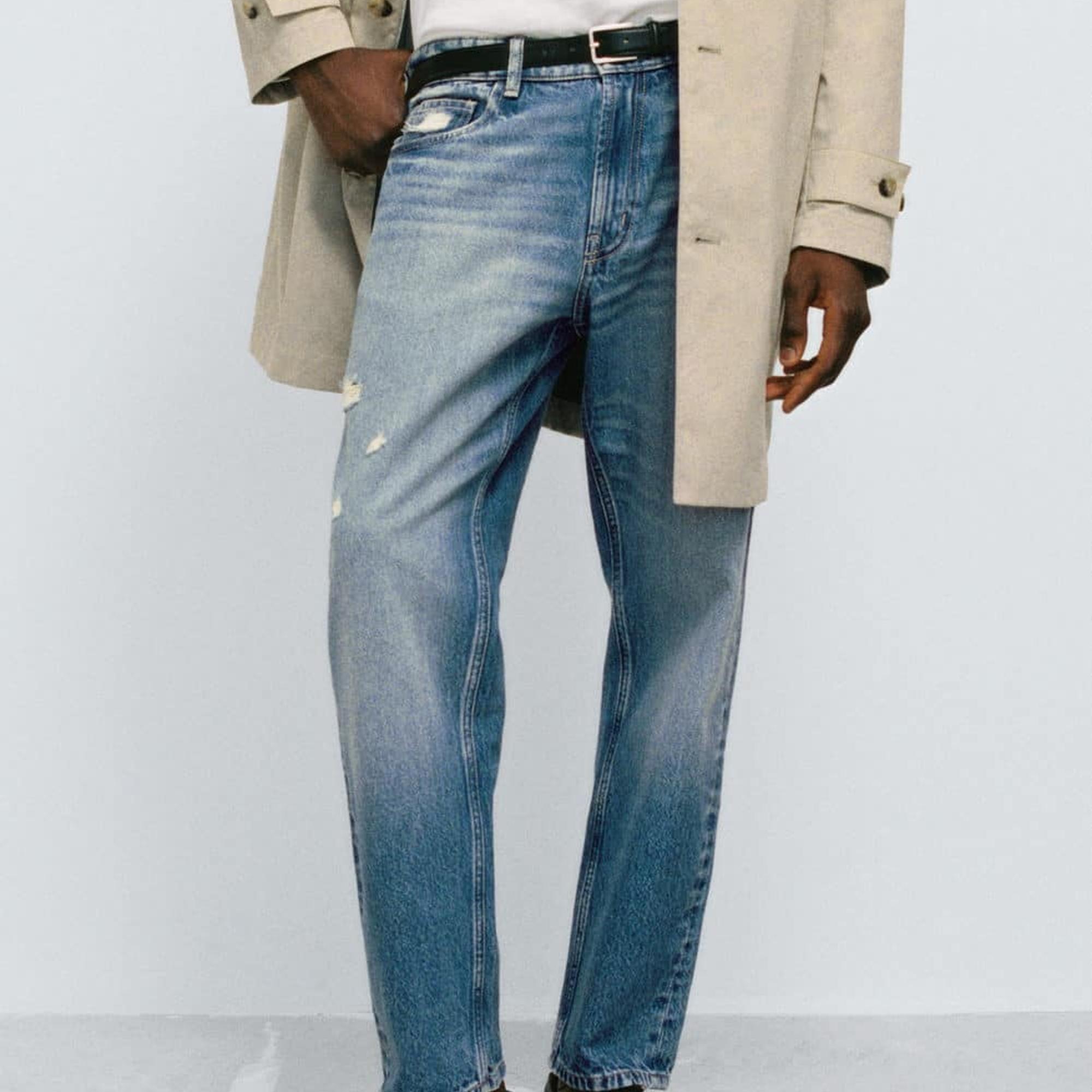 Mango Erkek Yırtık Açık Yıkama Düz Kesim Jean Orta Vintage Mavi