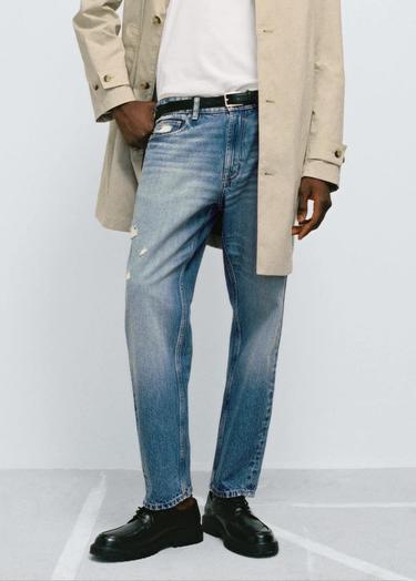  Mango Erkek Yırtık Açık Yıkama Düz Kesim Jean Orta Vintage Mavi