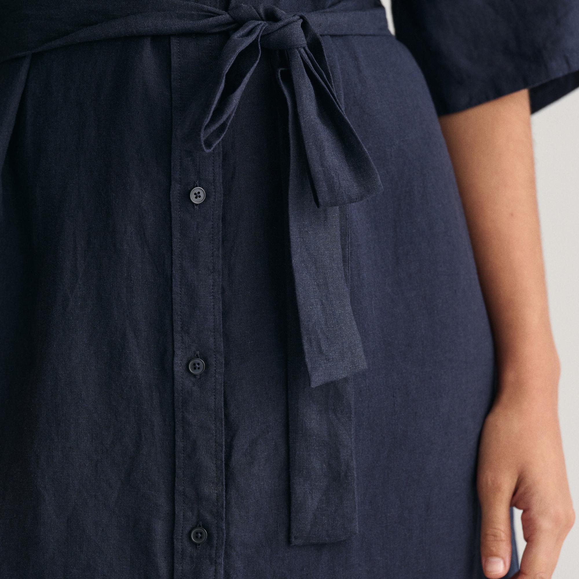 GANT Kadın Lacivert Relaxed Fit Polo Yaka Keten Elbise