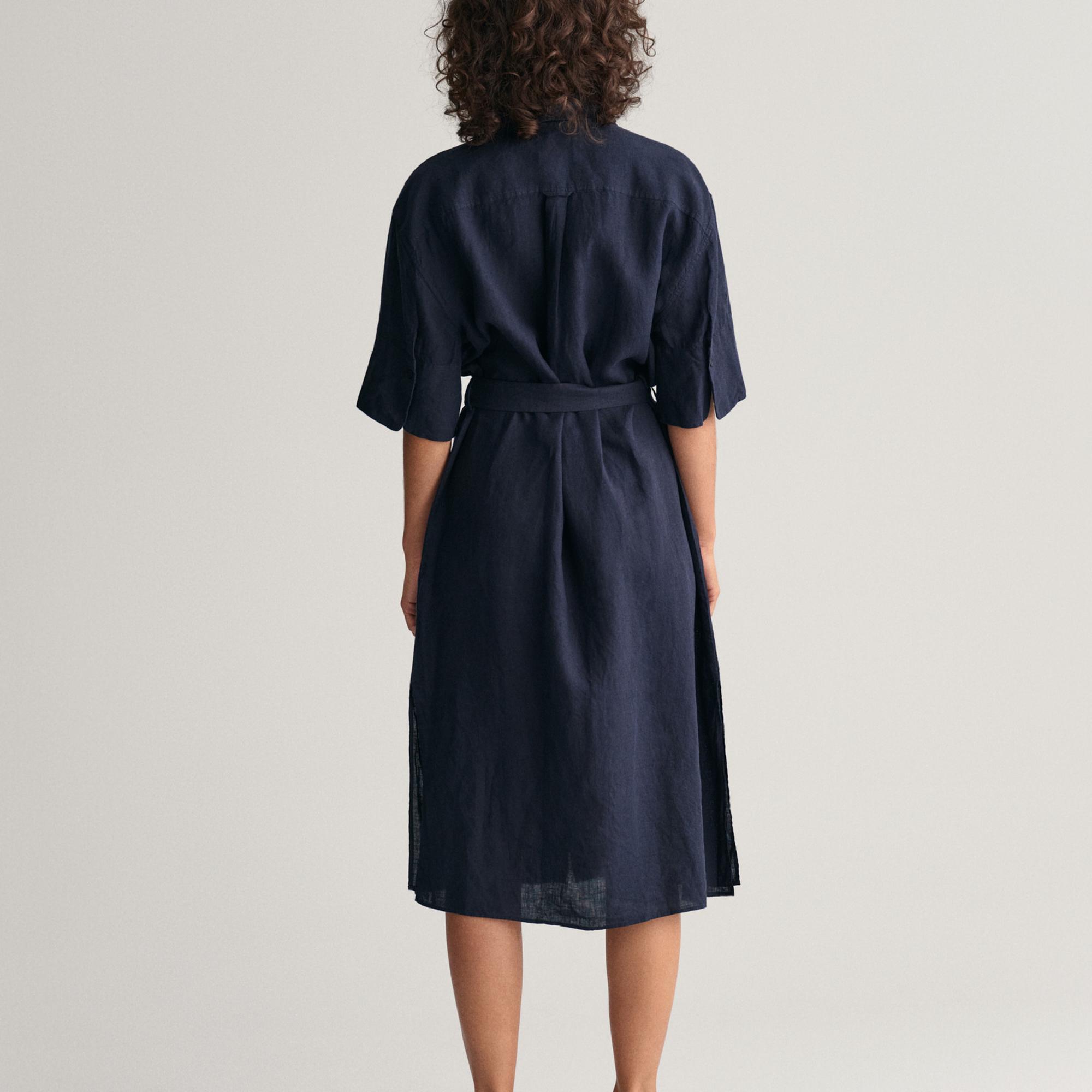 GANT Kadın Lacivert Relaxed Fit Polo Yaka Keten Elbise