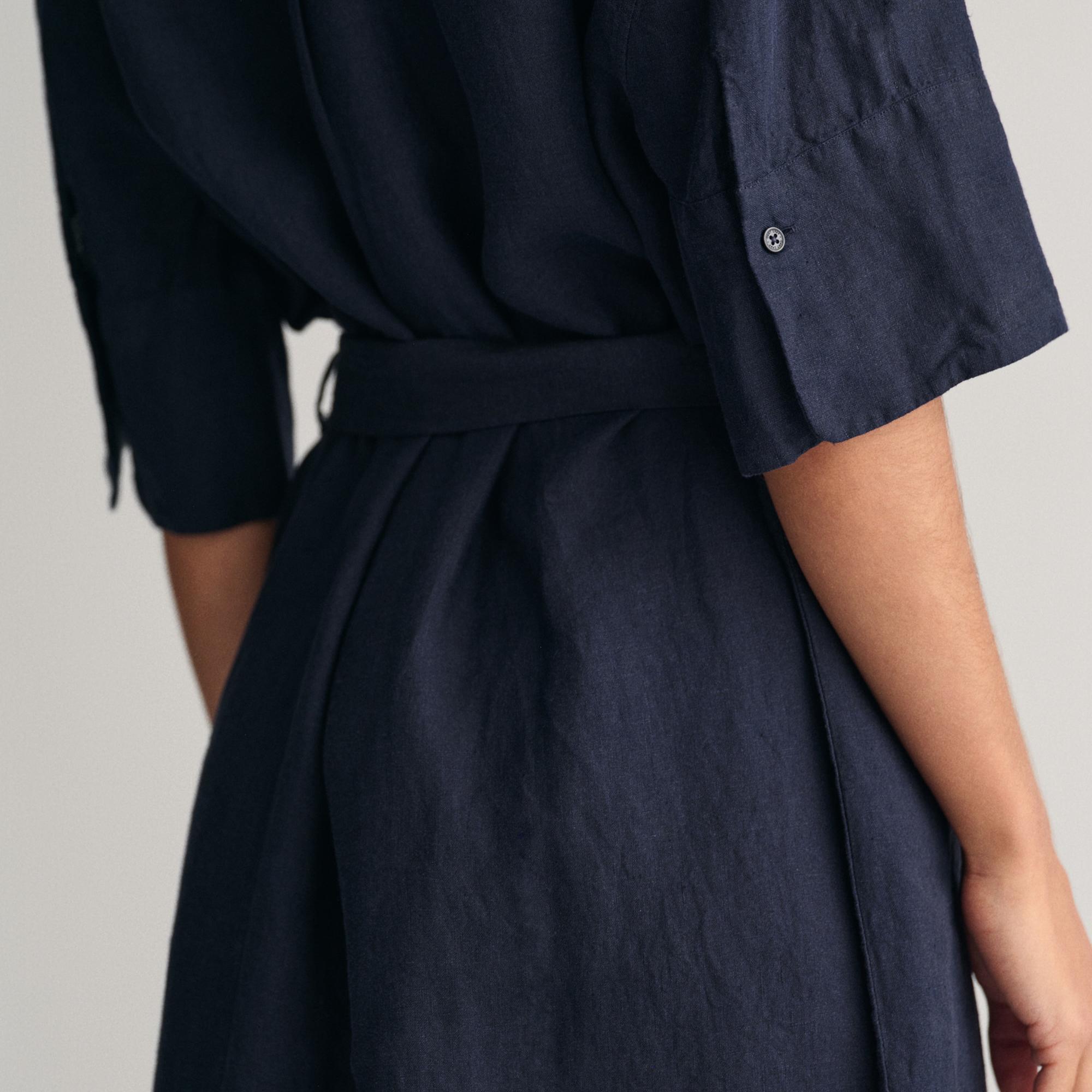 GANT Kadın Lacivert Relaxed Fit Polo Yaka Keten Elbise