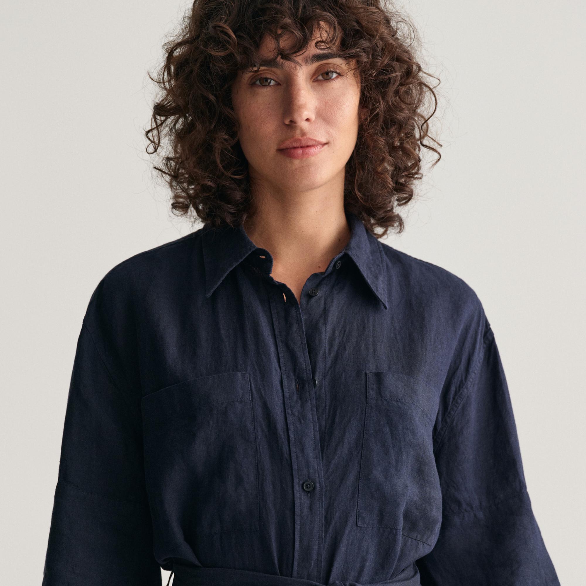 GANT Kadın Lacivert Relaxed Fit Polo Yaka Keten Elbise