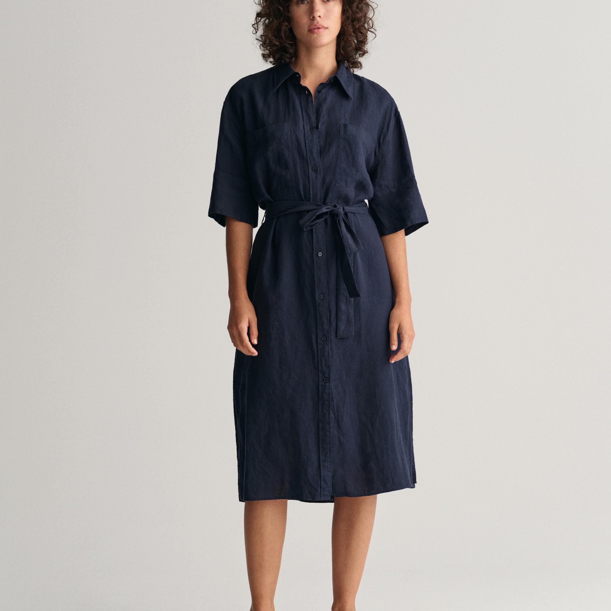 GANT Kadın Lacivert Relaxed Fit Polo Yaka Keten Elbise