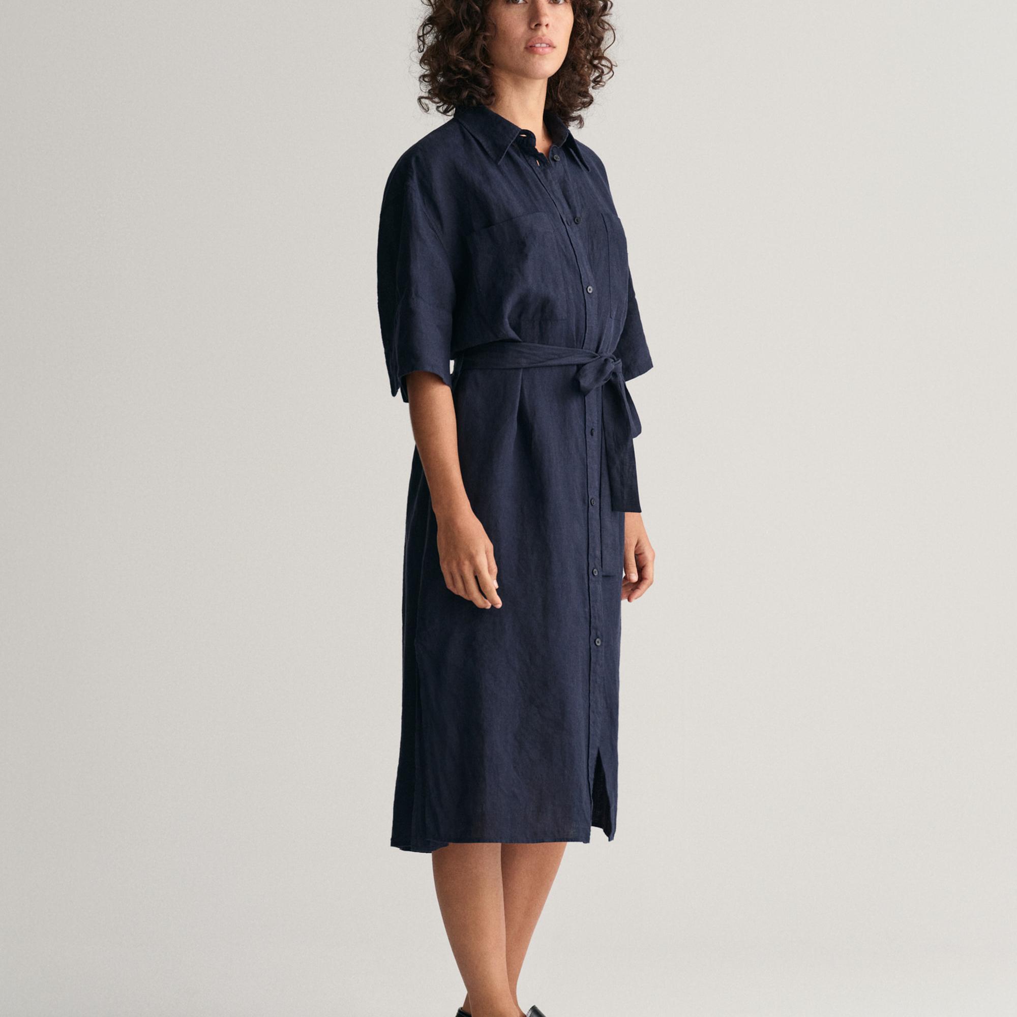 GANT Kadın Lacivert Relaxed Fit Polo Yaka Keten Elbise