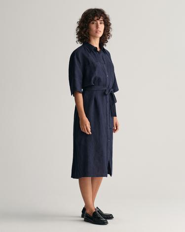  GANT Kadın Lacivert Relaxed Fit Polo Yaka Keten Elbise