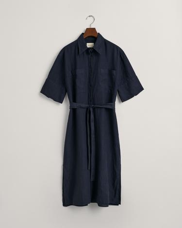  GANT Kadın Lacivert Relaxed Fit Polo Yaka Keten Elbise