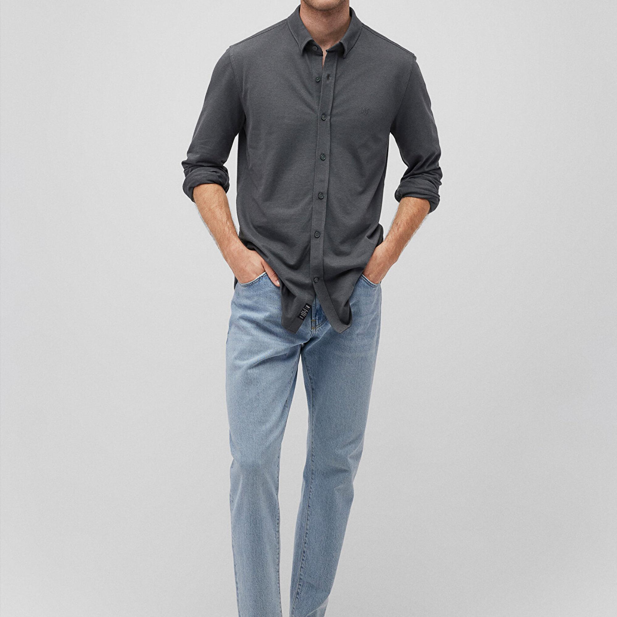 Mavi Antrasit Örme Gömlek Fitted / Vücuda Oturan Kesim 0211092-71598