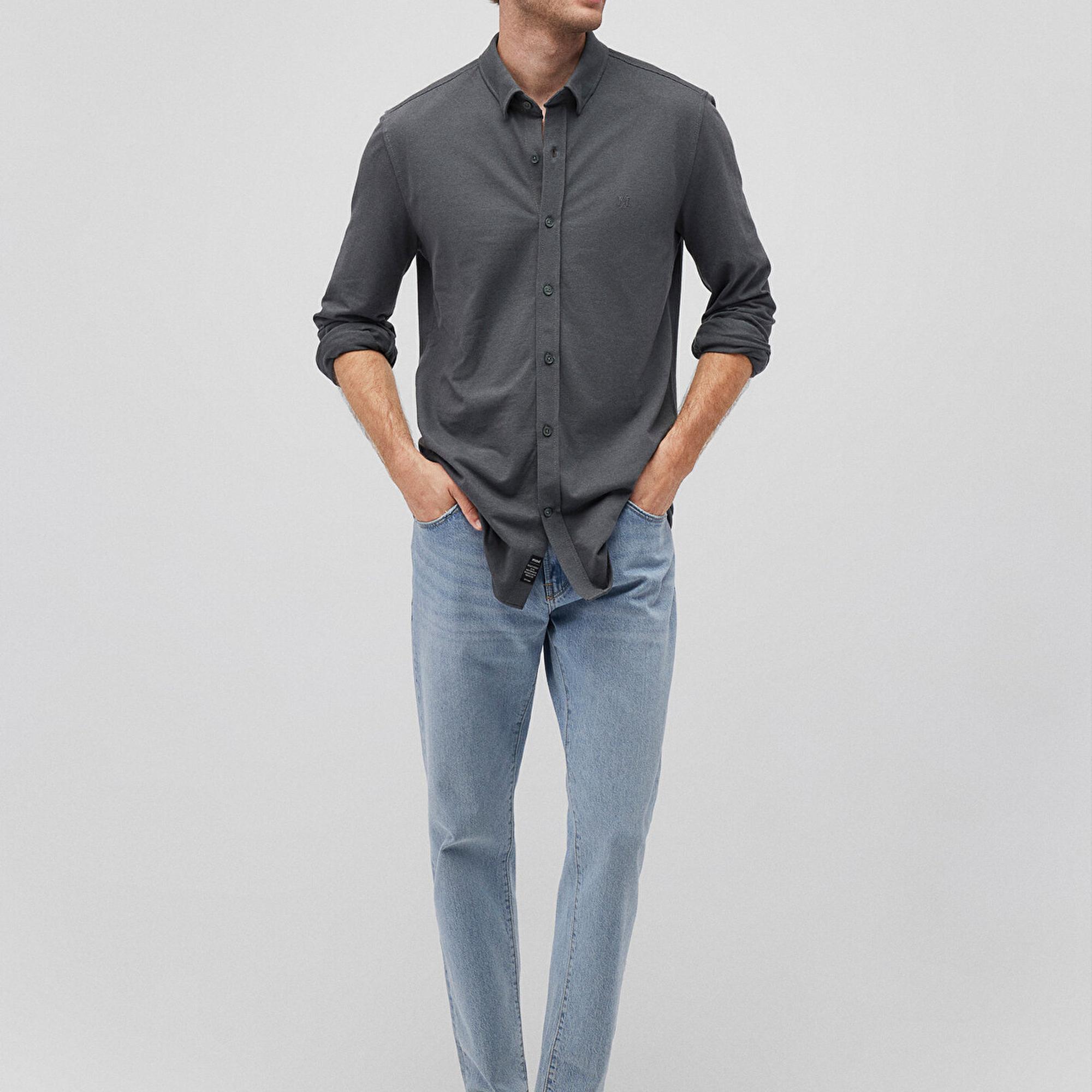 Mavi Antrasit Örme Gömlek Fitted / Vücuda Oturan Kesim 0211092-71598