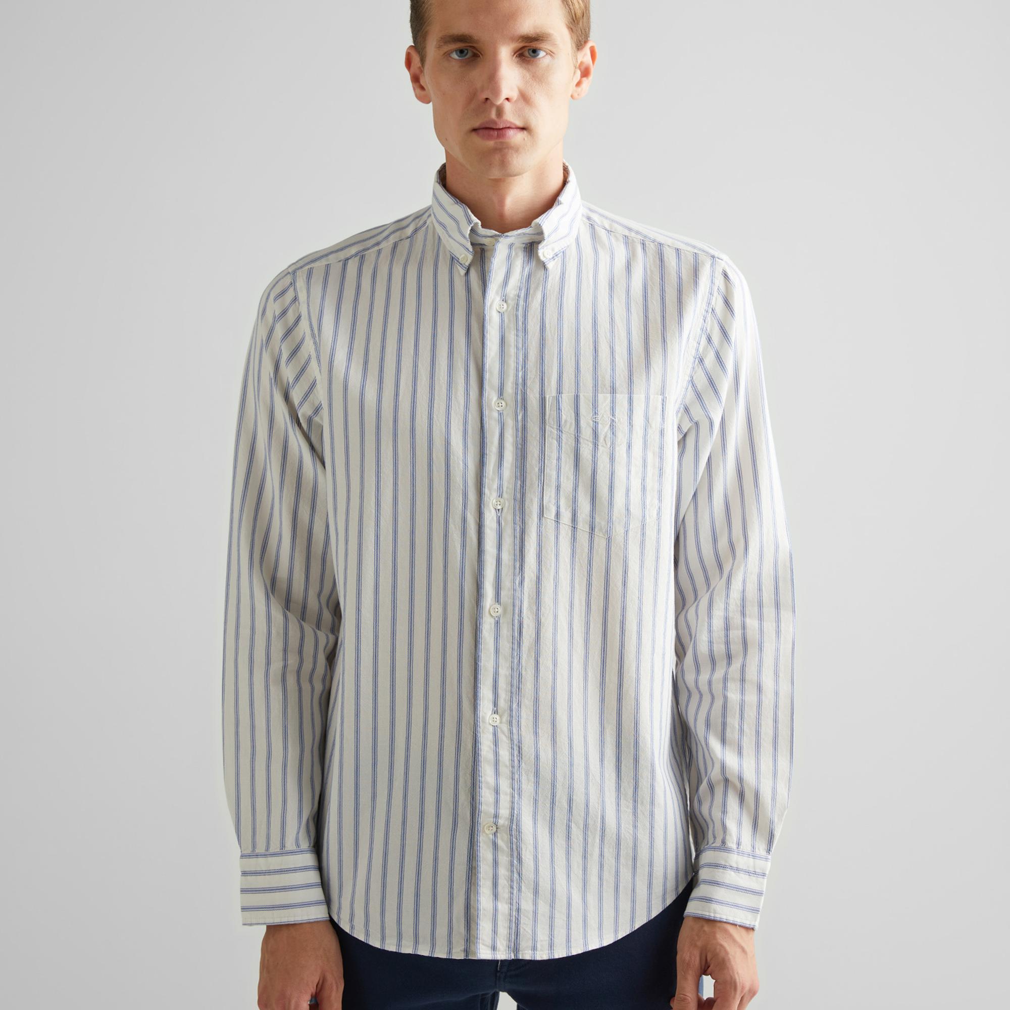 GANT Erkek Beyaz Regular Fit Düğmeli Yaka Çizgili Oxford Gömlek