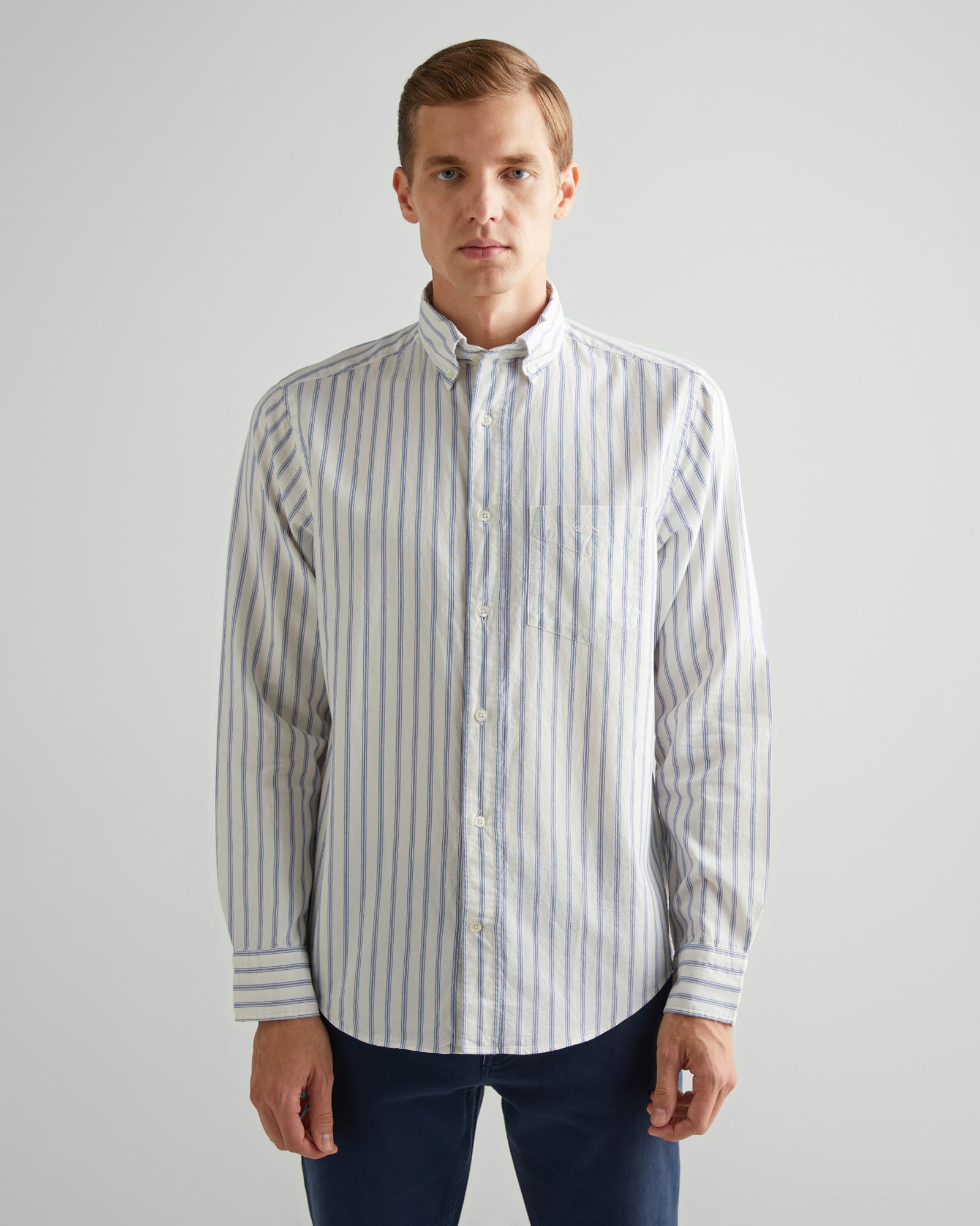  GANT Erkek Beyaz Regular Fit Düğmeli Yaka Çizgili Oxford Gömlek