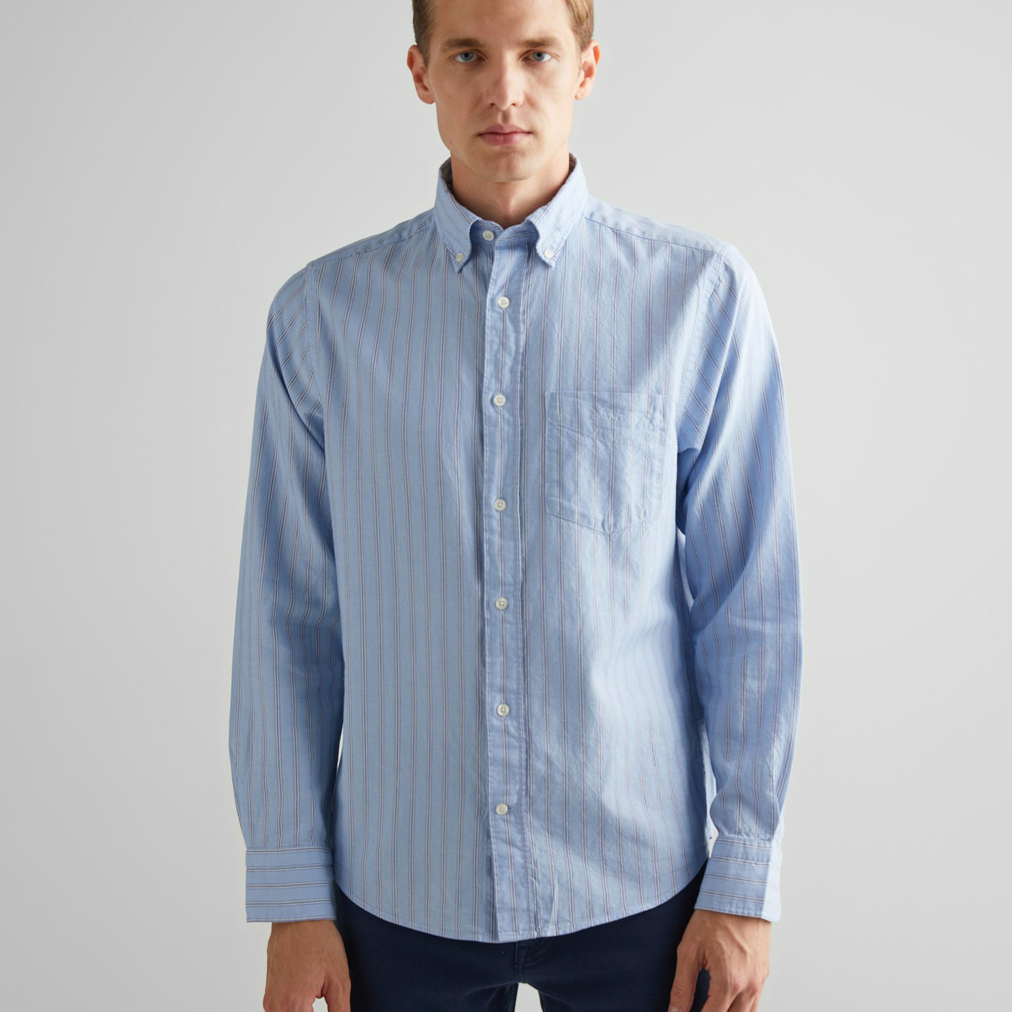 GANT Erkek Mavi Regular Fit Düğmeli Yaka Çizgili Oxford Gömlek