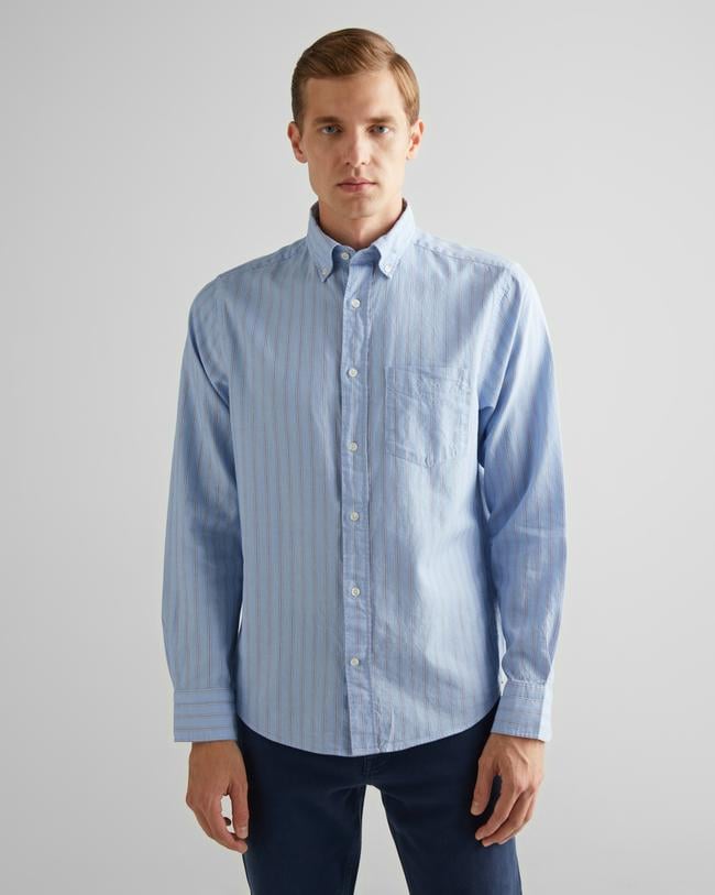  GANT Erkek Mavi Regular Fit Düğmeli Yaka Çizgili Oxford Gömlek