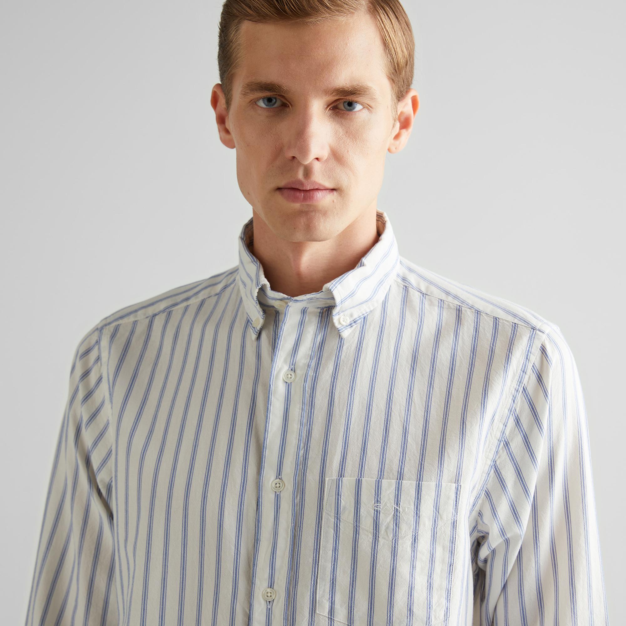 GANT Erkek Beyaz Regular Fit Düğmeli Yaka Çizgili Oxford Gömlek