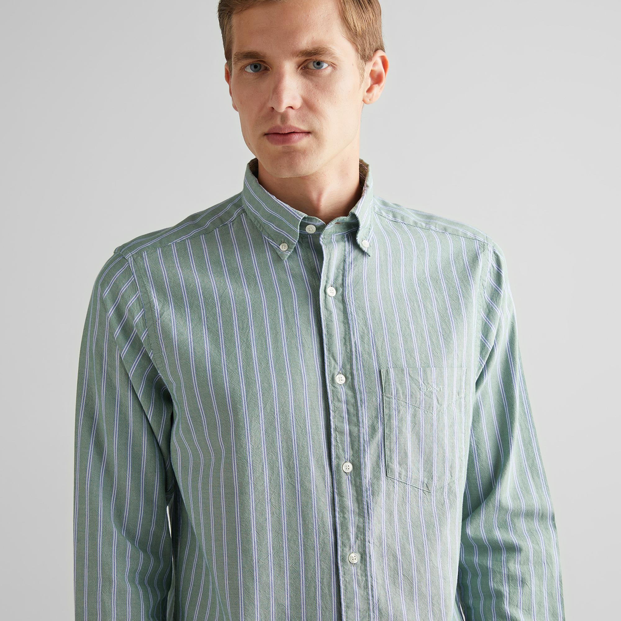 GANT Erkek Yeşil Regular Fit Düğmeli Yaka Çizgili Oxford Gömlek