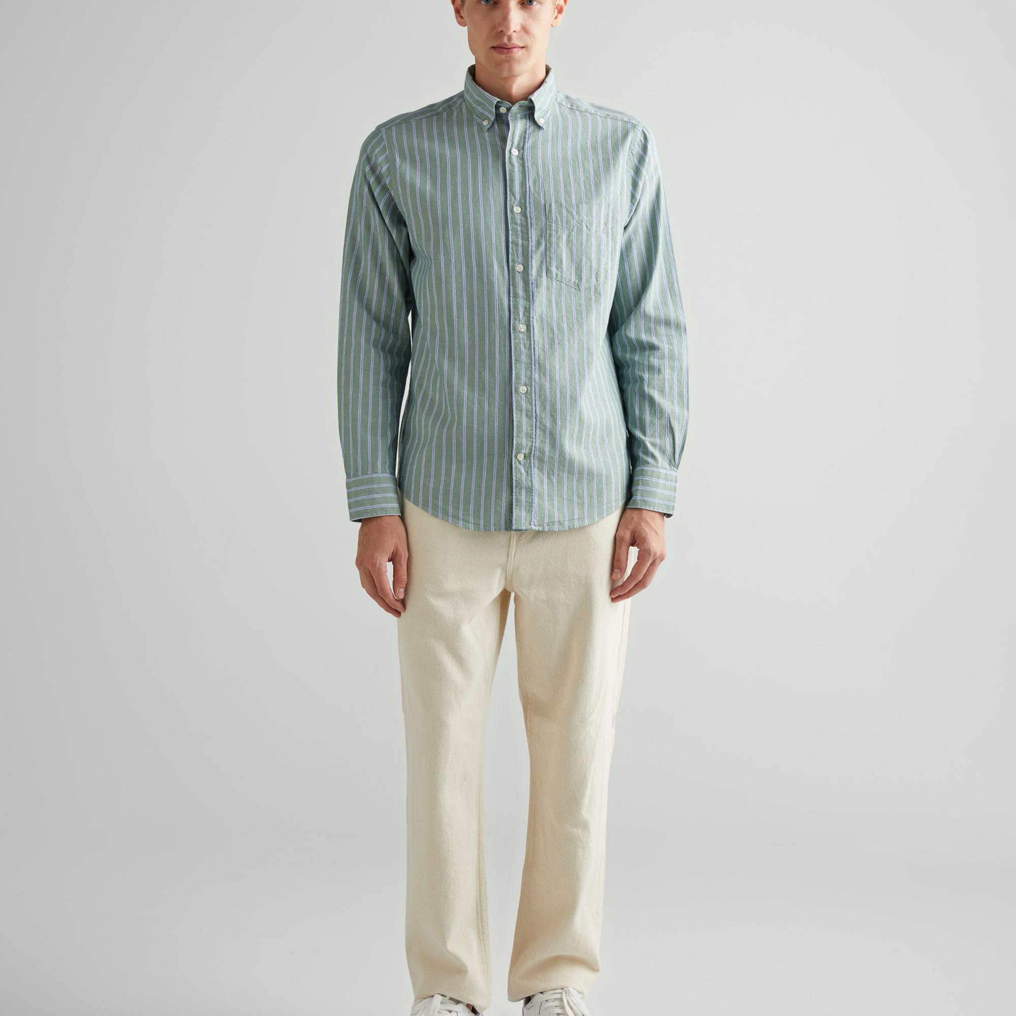 GANT Erkek Yeşil Regular Fit Düğmeli Yaka Çizgili Oxford Gömlek