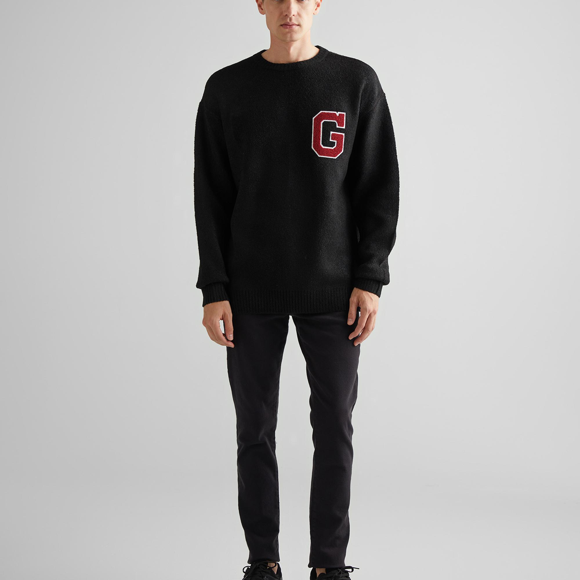 GANT Erkek Siyah Relaxed Fit Bisiklet Yaka Logolu Kazak