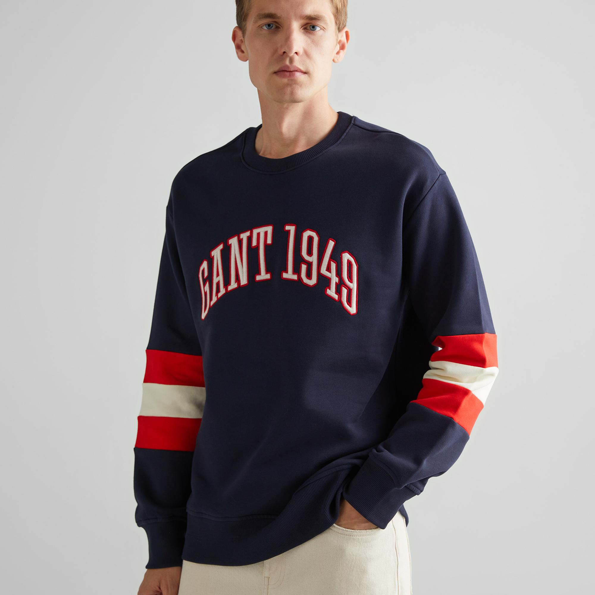 GANT Erkek Lacivert Relaxed Fit Bisiklet Yaka Renk Bloklu Sweatshirt