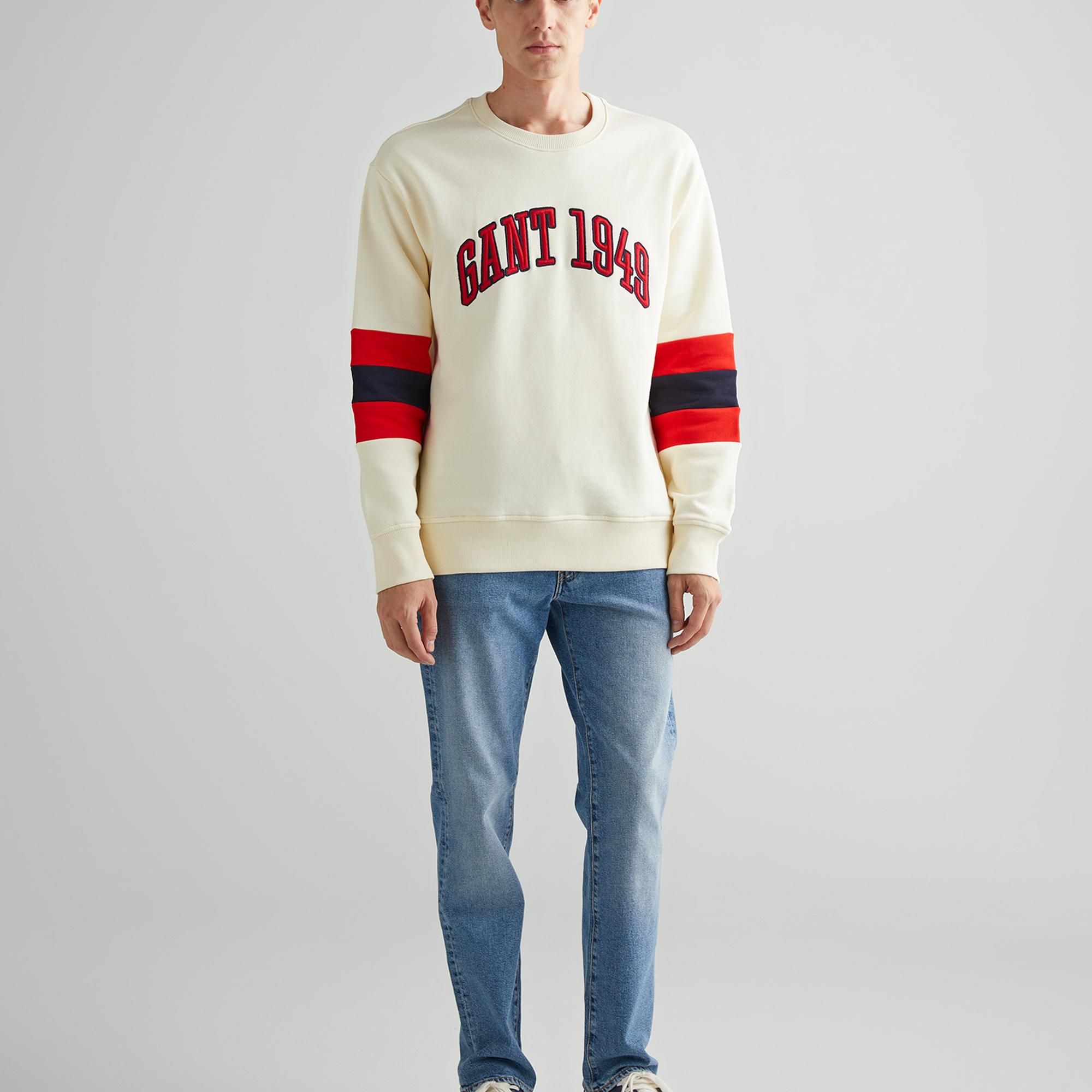 GANT Erkek Krem Relaxed Fit Bisiklet Yaka Renk Bloklu Sweatshirt