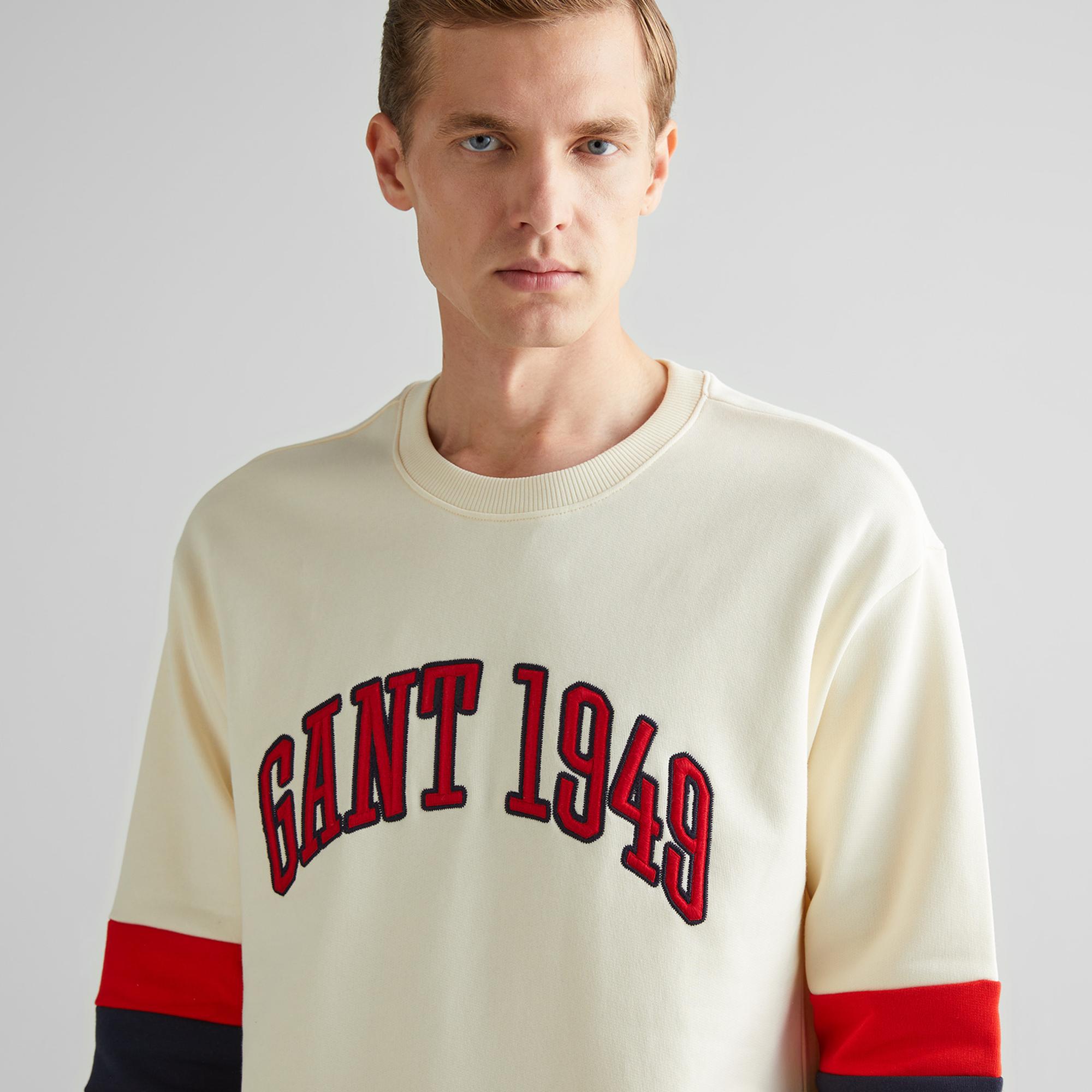 GANT Erkek Krem Relaxed Fit Bisiklet Yaka Renk Bloklu Sweatshirt