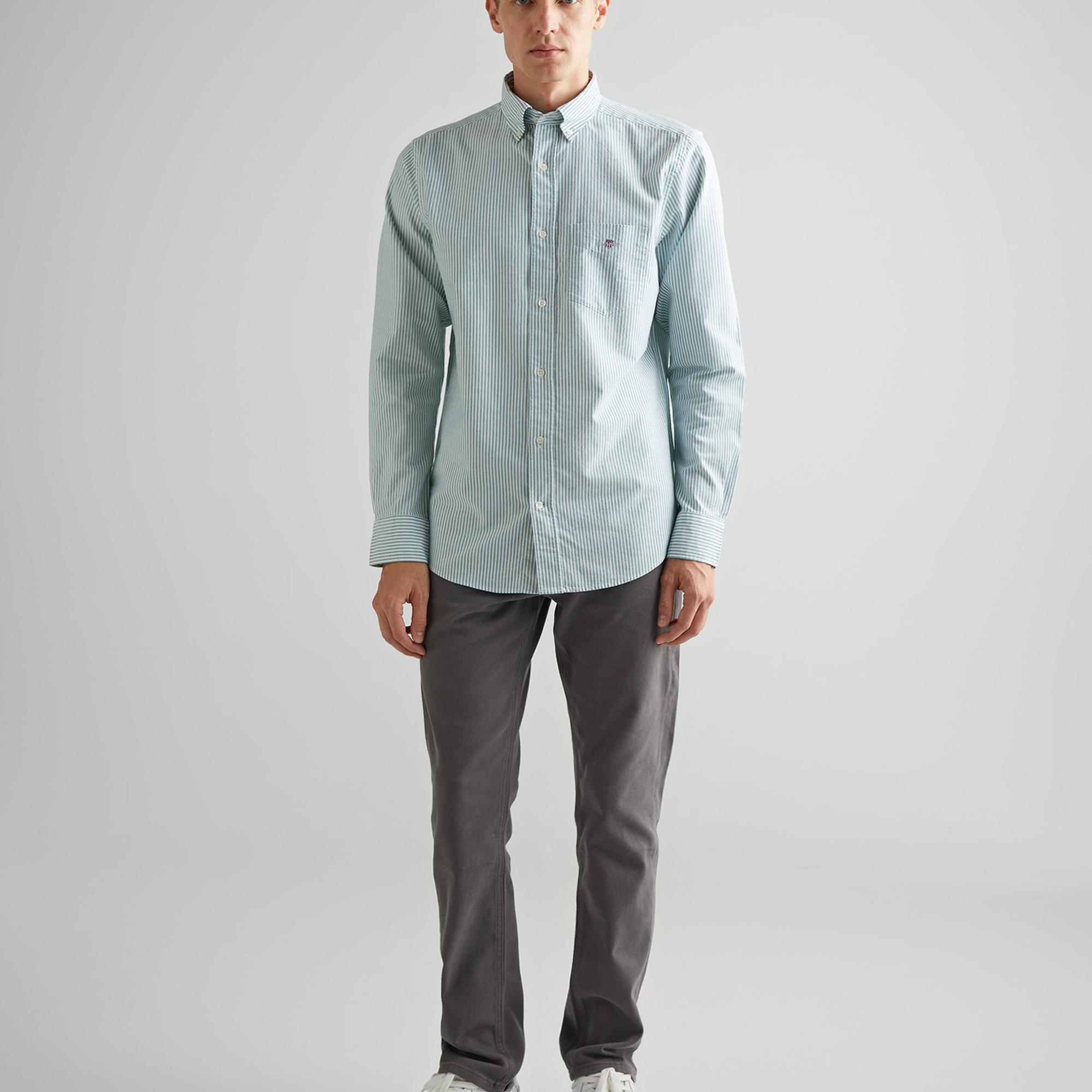 GANT Erkek Yeşil Regular Fit Düğmeli Yaka Çizgili Oxford Gömlek