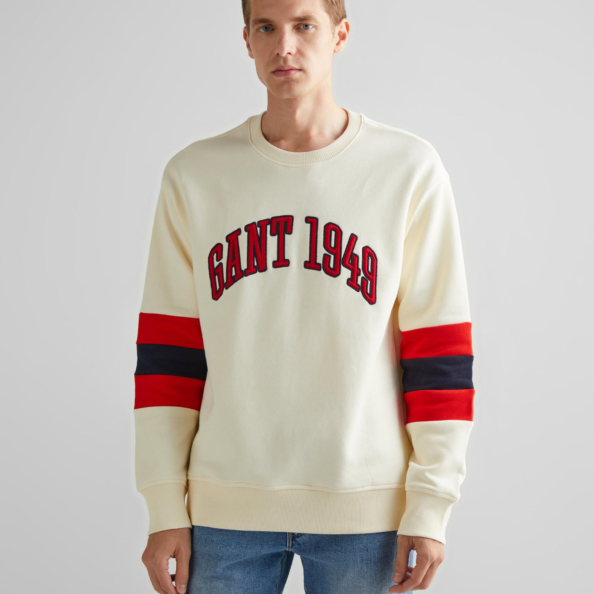 GANT Erkek Krem Relaxed Fit Bisiklet Yaka Renk Bloklu Sweatshirt