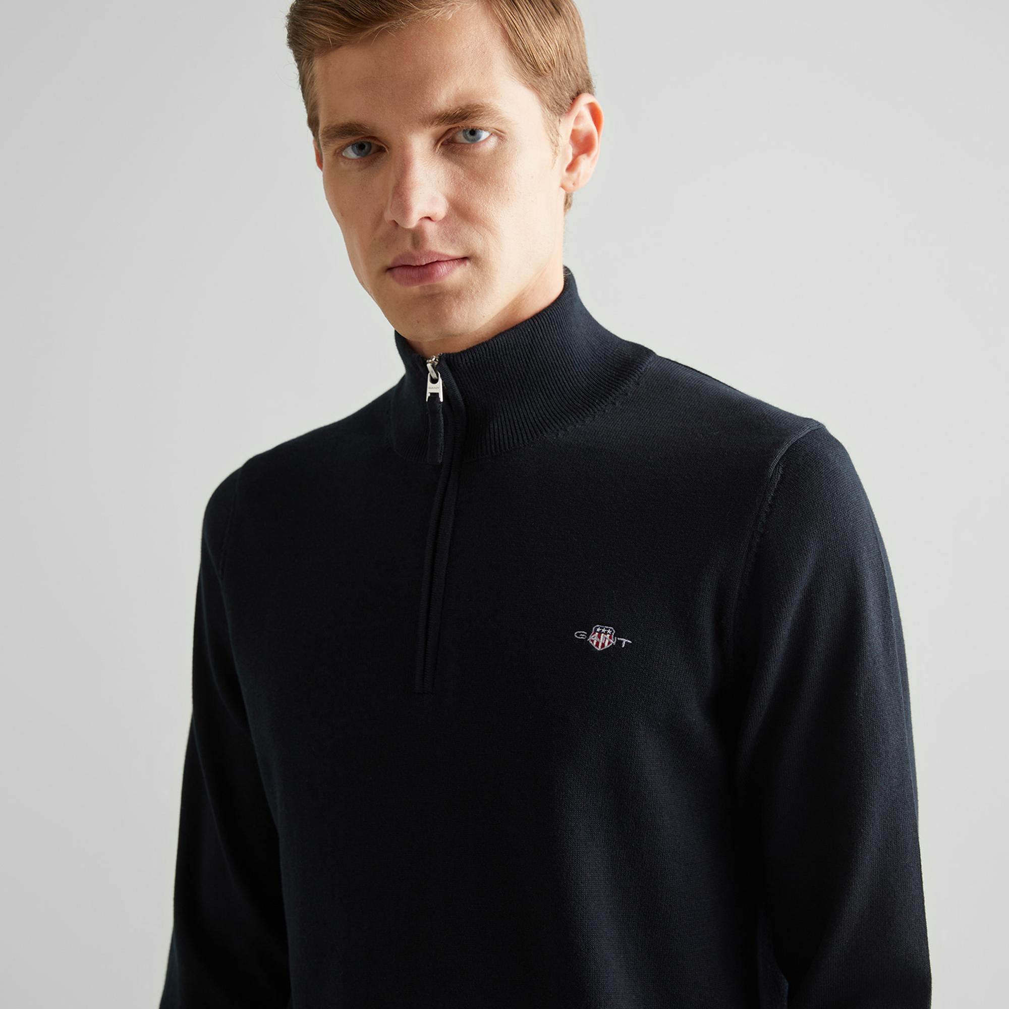 GANT Erkek Siyah Regular Fit Yarım Fermuarlı Kazak