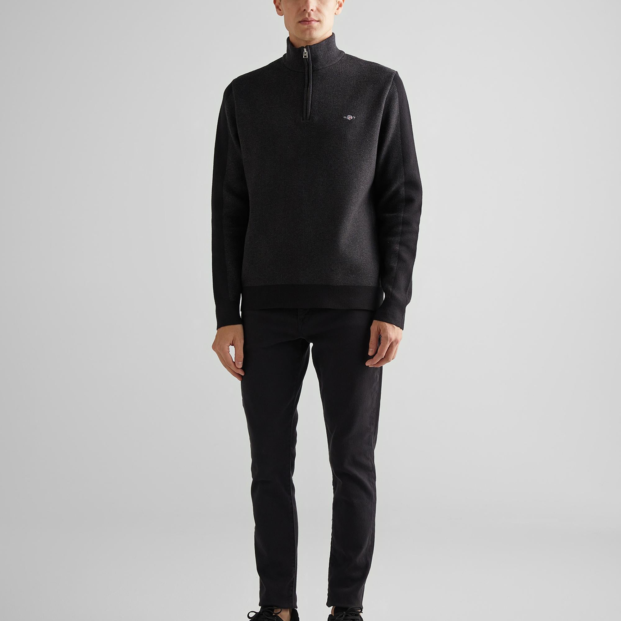 GANT Erkek Siyah Relaxed Fit Yarım Fermuarlı Renk Bloklu Kazak