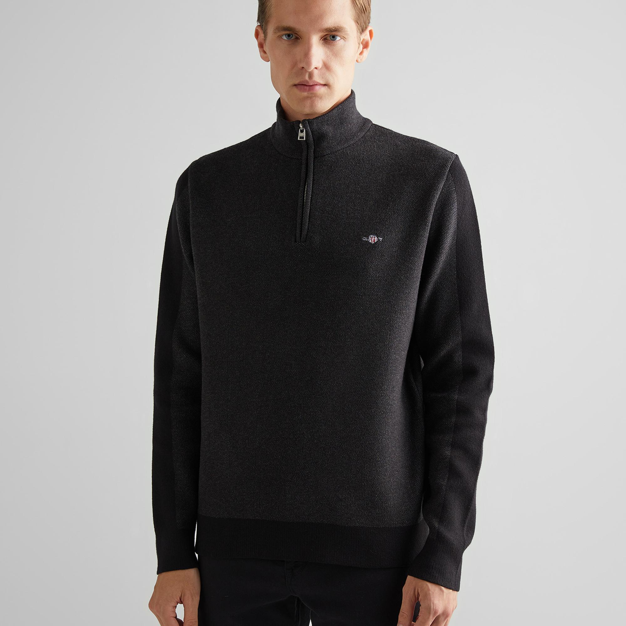 GANT Erkek Siyah Relaxed Fit Yarım Fermuarlı Renk Bloklu Kazak