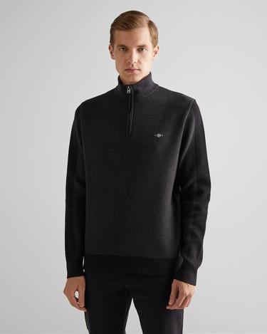 GANT Erkek Siyah Relaxed Fit Yarım Fermuarlı Renk Bloklu Kazak