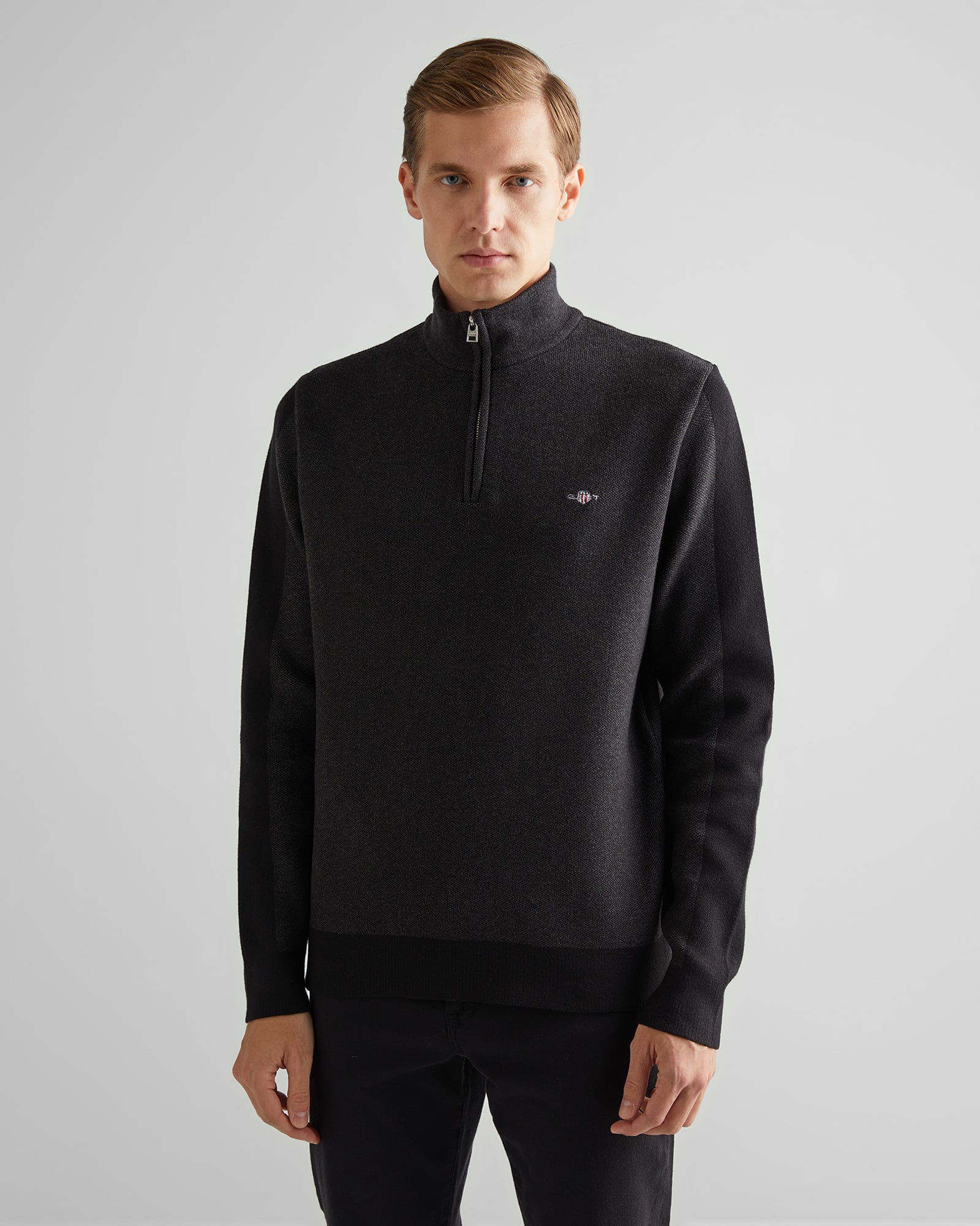  GANT Erkek Siyah Relaxed Fit Yarım Fermuarlı Renk Bloklu Kazak