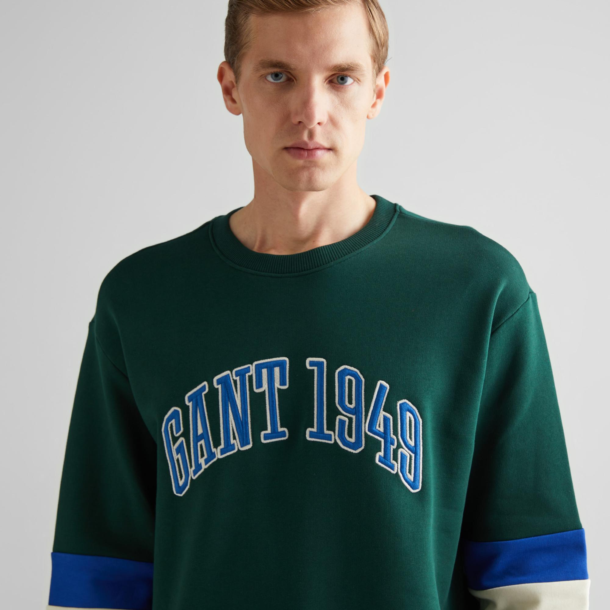 GANT Erkek Yeşil Relaxed Fit Bisiklet Yaka Renk Bloklu Sweatshirt