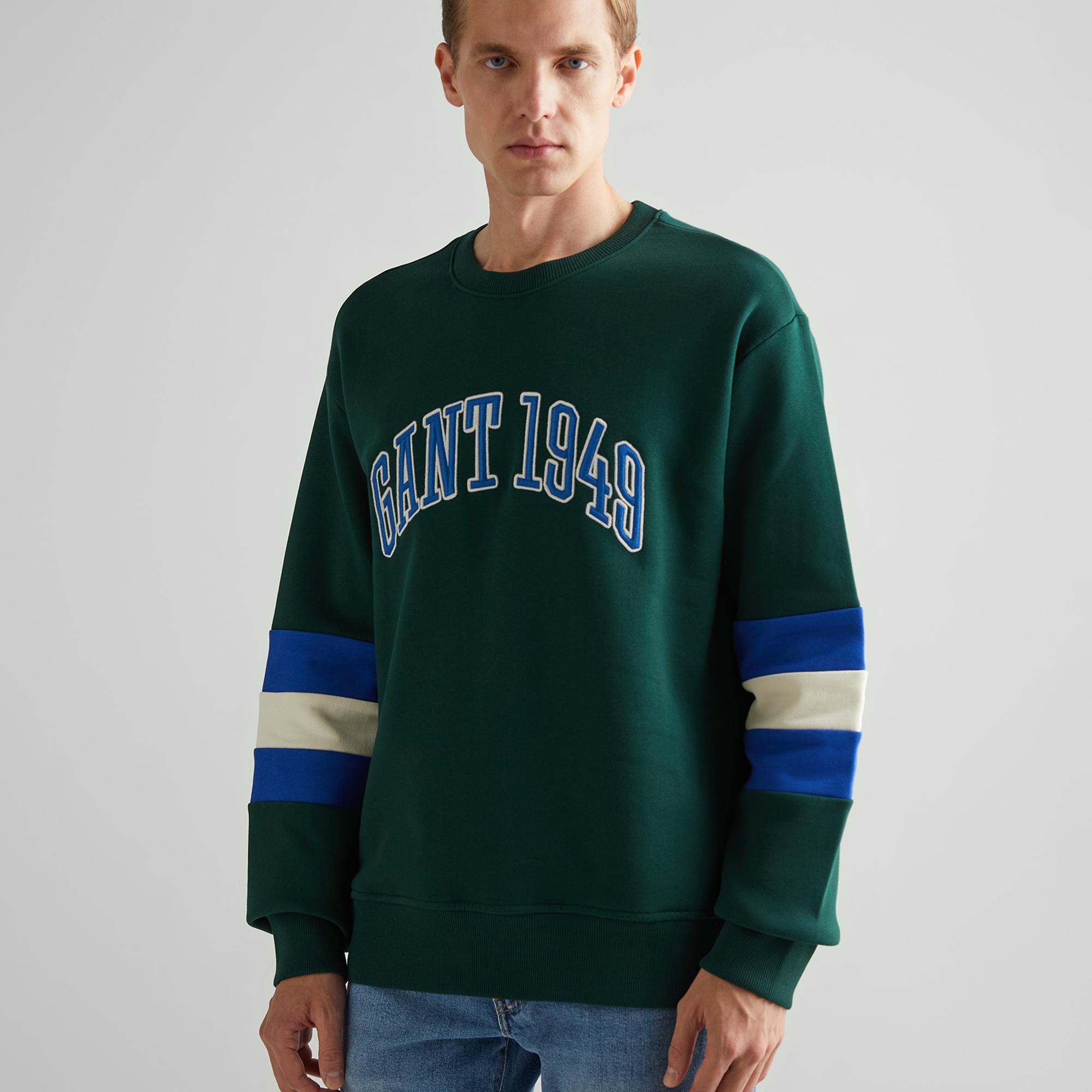 GANT Erkek Yeşil Relaxed Fit Bisiklet Yaka Renk Bloklu Sweatshirt