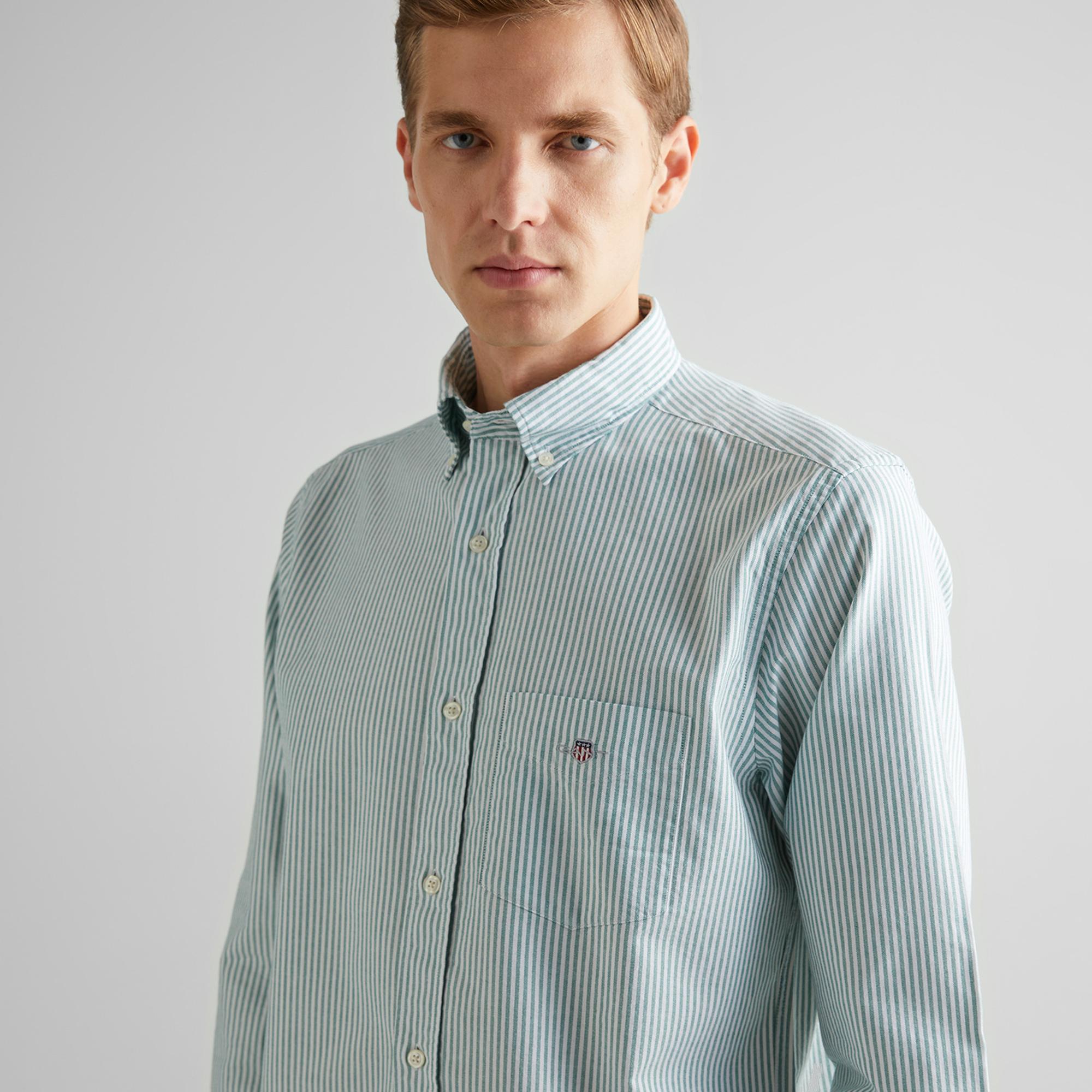 GANT Erkek Yeşil Regular Fit Düğmeli Yaka Çizgili Oxford Gömlek