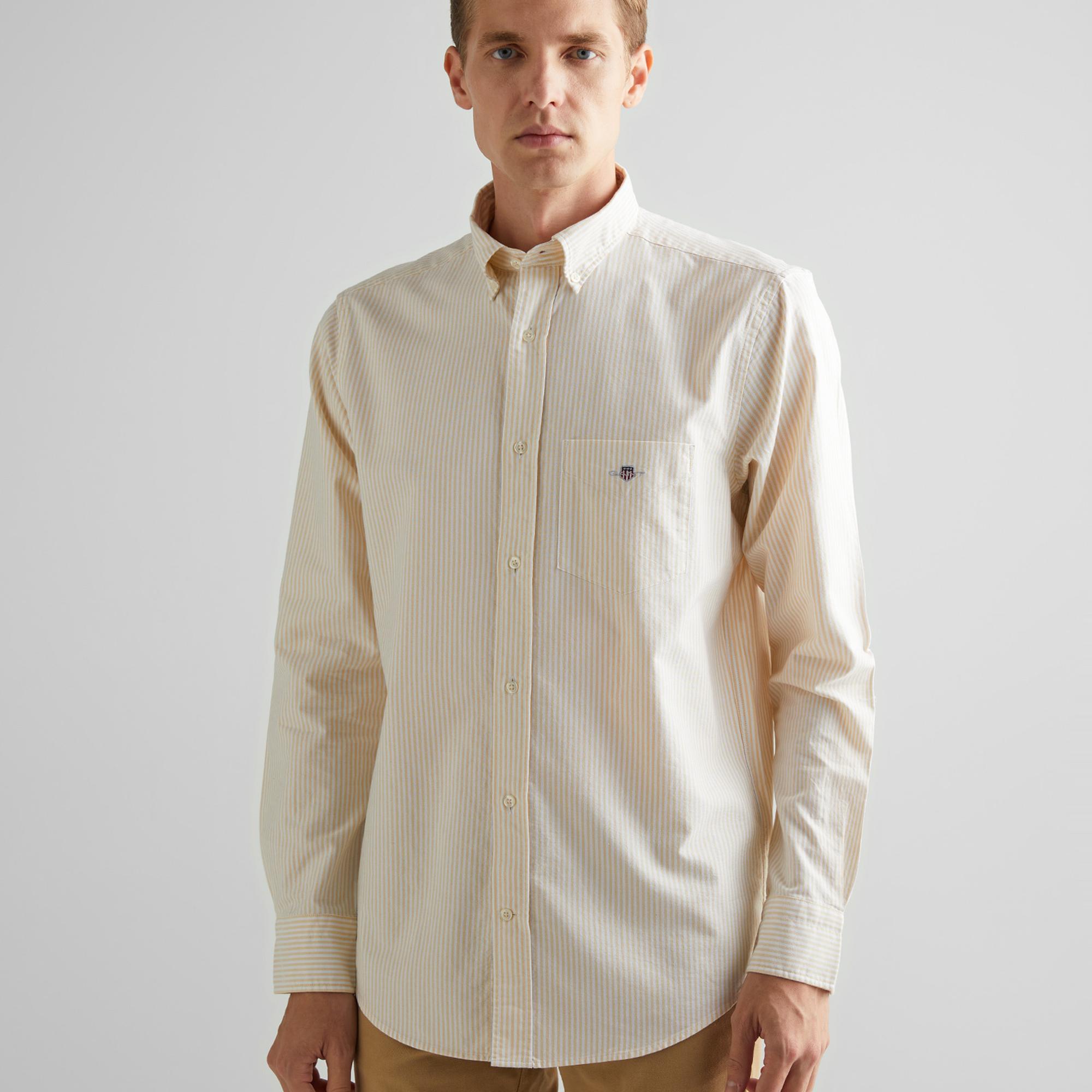 GANT Erkek Krem Regular Fit Düğmeli Yaka Çizgili Oxford Gömlek