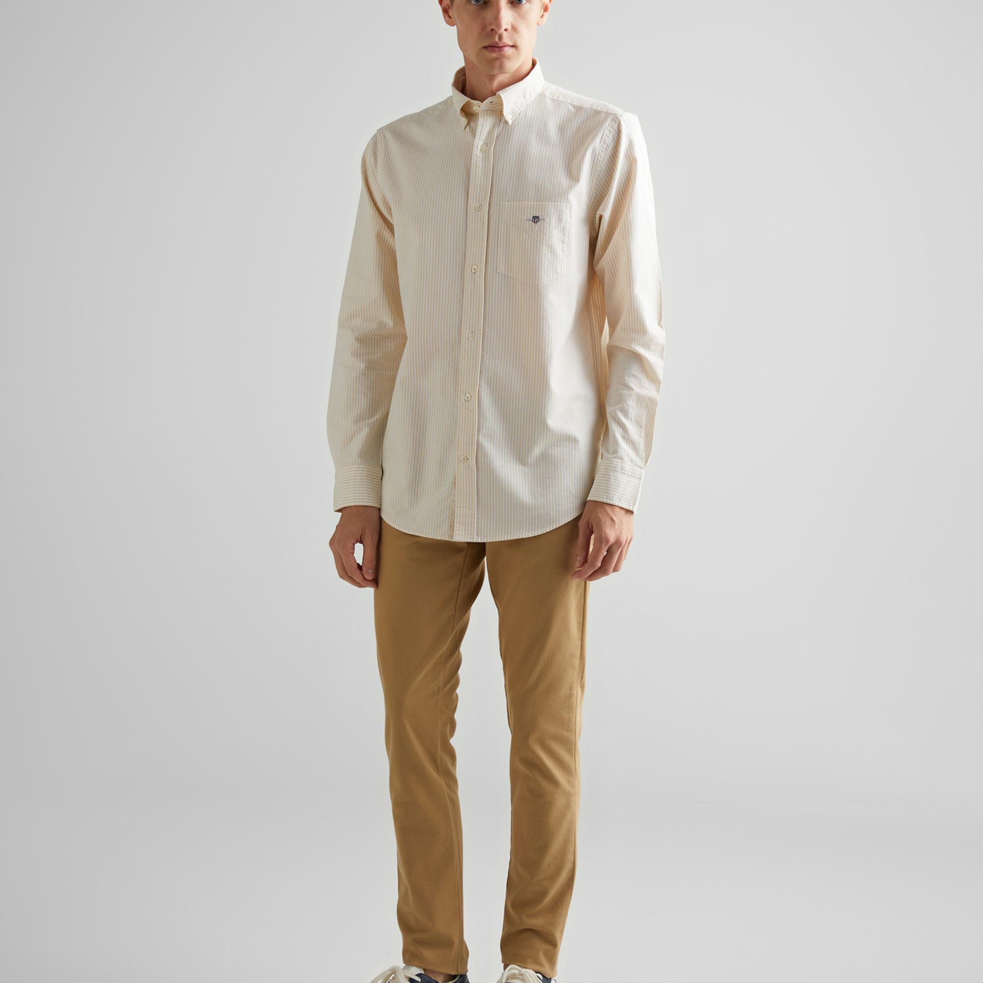 GANT Erkek Krem Regular Fit Düğmeli Yaka Çizgili Oxford Gömlek