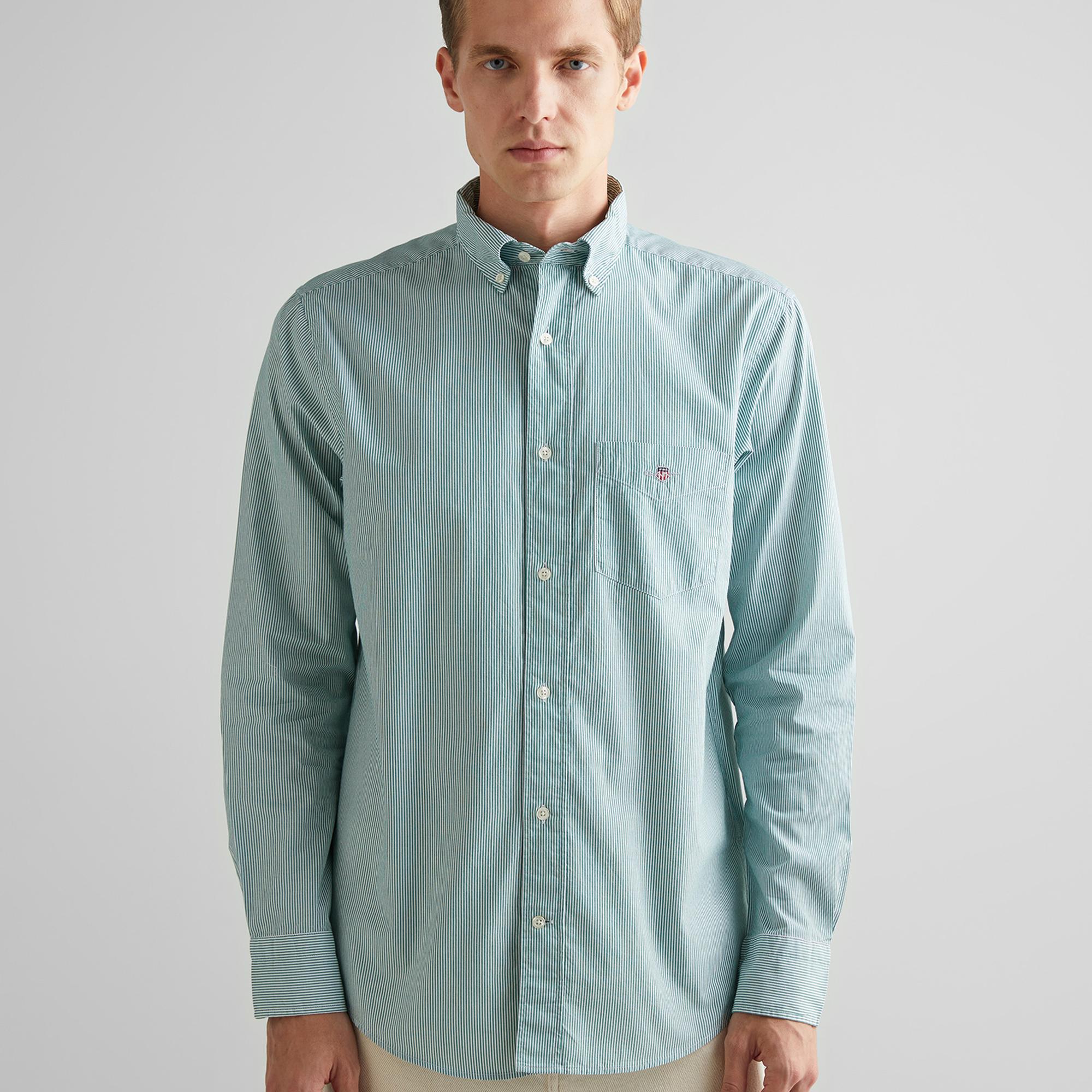 GANT Erkek Yeşil Regular Fit Çizgili Düğmeli Yaka Gömlek