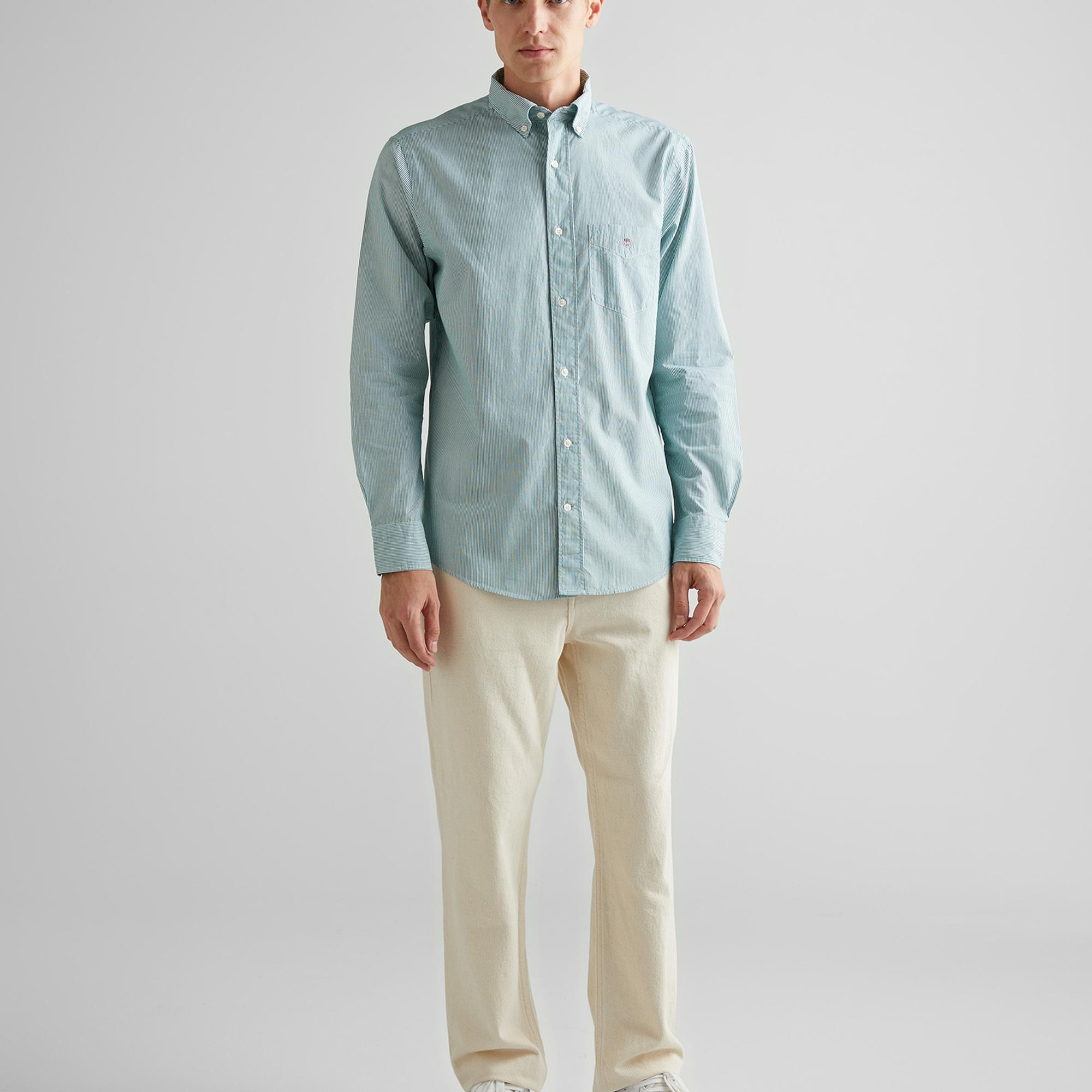 GANT Erkek Yeşil Regular Fit Çizgili Düğmeli Yaka Gömlek